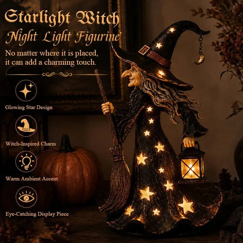 🌙 Sparkling Witch Figurine with Stars | Magical, Spooky, and Cute Night Light Decoration