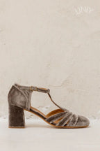 Hollow Out T-Strap Buckle Velvet Chunky Heels