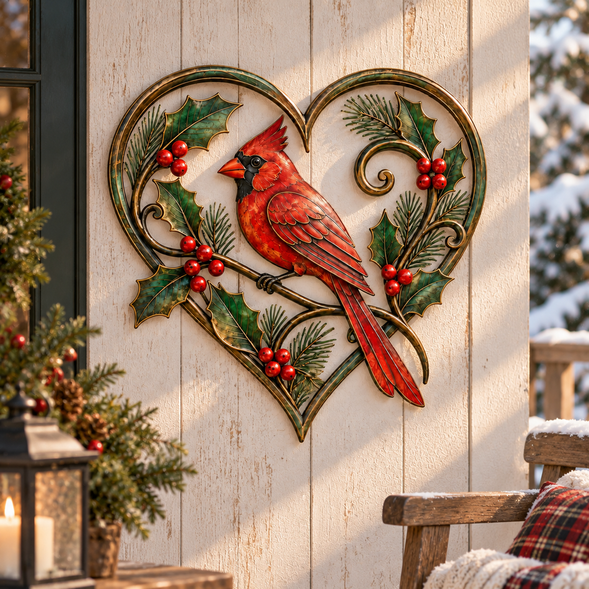 Christmas Cardinal Heart Metal Wall Decor