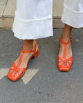 Floral Cutout Square Toe T-Strap Orange Block Heels