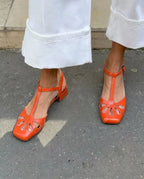 Floral Cutout Square Toe T-Strap Orange Block Heels