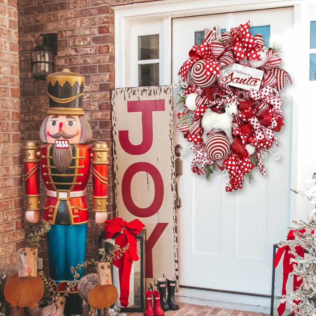 Winter wreath for front door  ,with white winter deer ornaments and sign