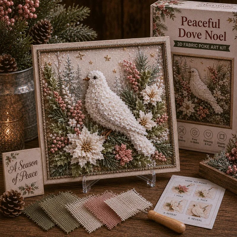Premium 3D Christmas Fabric Poke Art Kit | No-Sew Holiday Craft with Pre-Punched Board, Fabric Squares & Display Stand