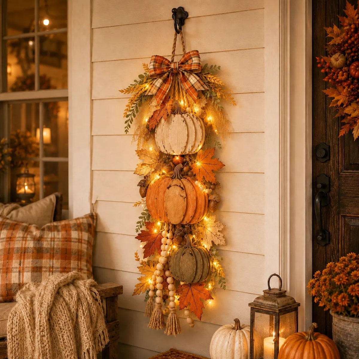 Lighted Harvest Fall Door Decor with Warm LED Lights