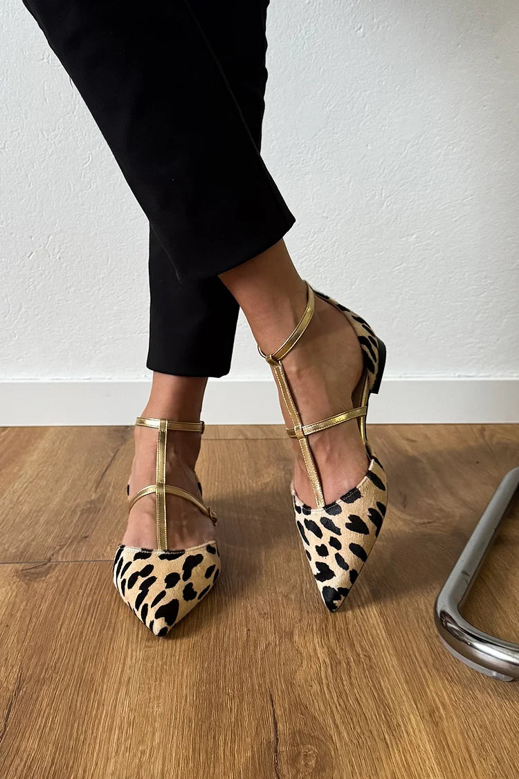 Cross Strap Buckle Cow Pattern Pointed Toe Beige Flats