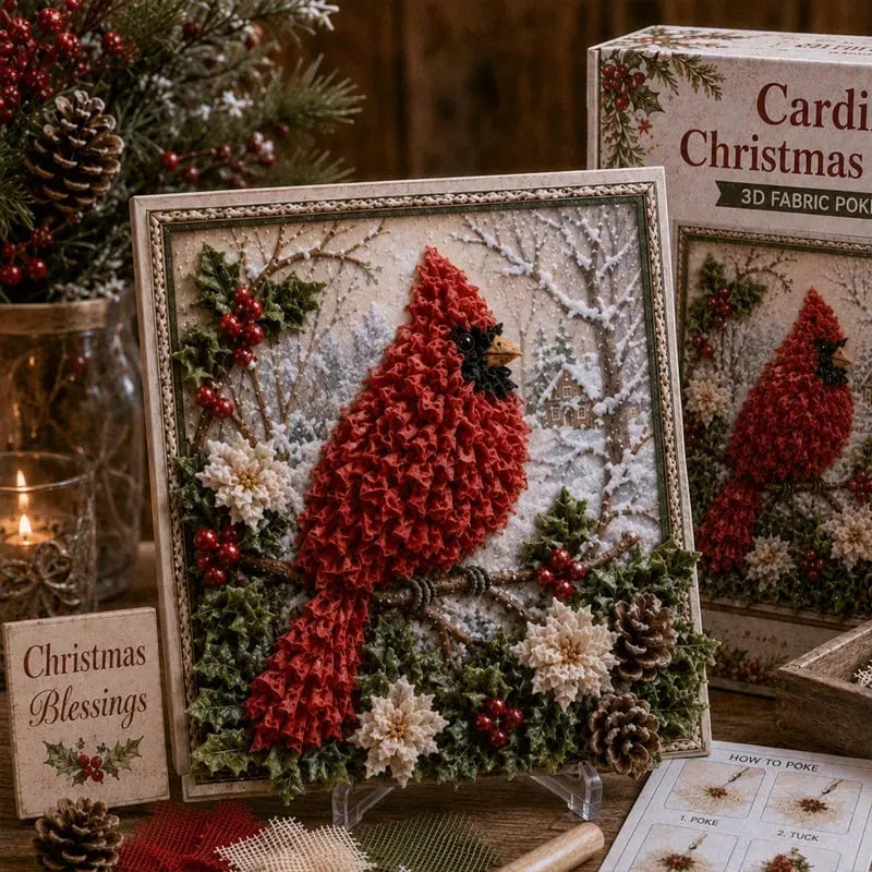 Premium 3D Christmas Fabric Poke Art Kit | No-Sew Holiday Craft with Pre-Punched Board, Fabric Squares & Display Stand