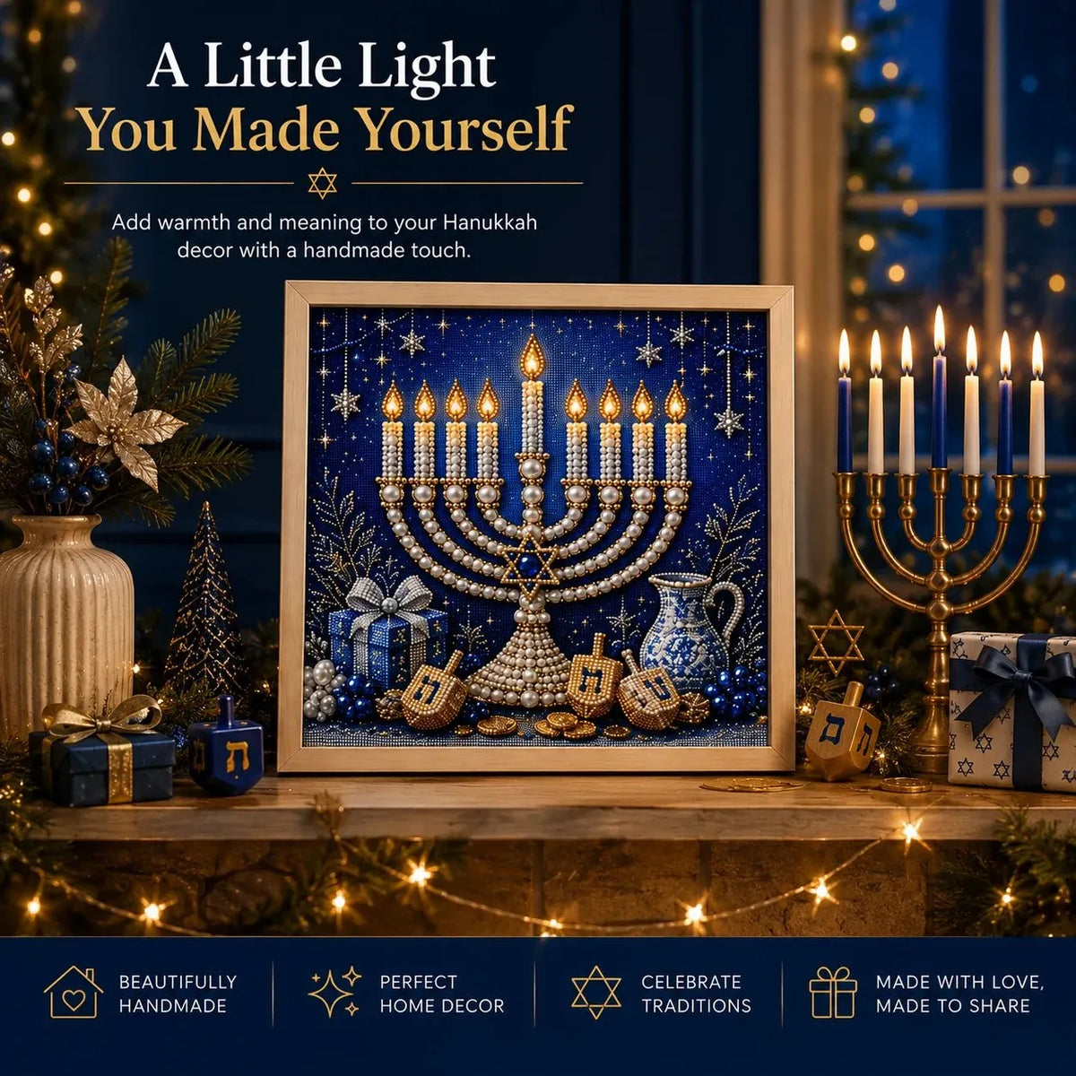 🕎 Premium 3D Pearl Hanukkah Art Kit | Luxury Flocked Canvas with Scratch-Resistant Non-Fading Acrylic Resin Pearls & Faceted Drills DIY Festival of Lights Decor 💙✨