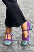 Colorblock T-Strap Buckle Round Toe Purple Chunky Heels