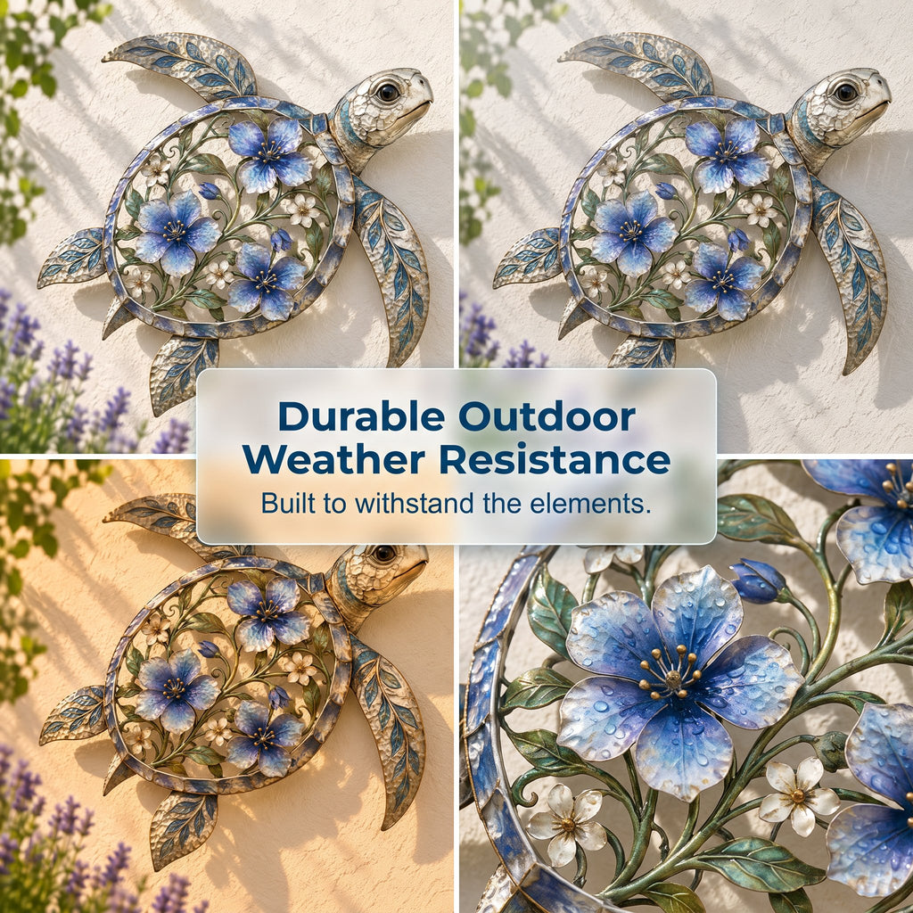 🐢 Sea Turtle Wall Sculpture — Enameled Floral Coastal Art with Textured Metal Scales