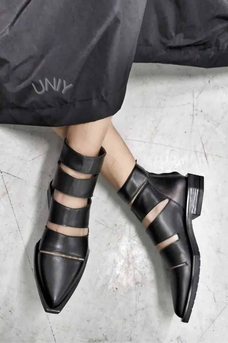 Black Leather Pointed Toe Multi Strap Cutout Flat Sandals