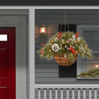 🎄 lit Artificial Christmas Hanging Basket - Flocked with Mixed Decorations and White LED Lights - Frosted Berry