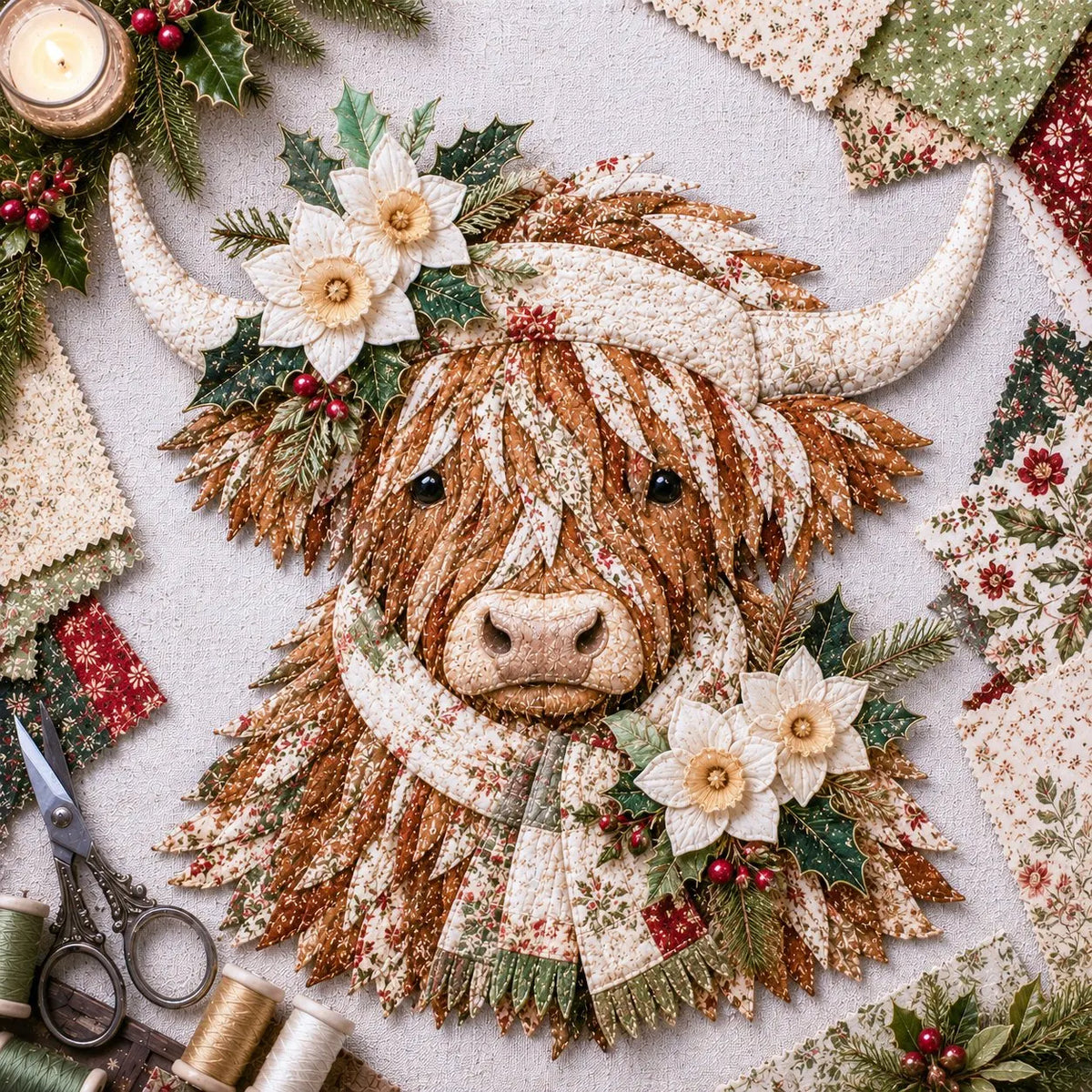 Birth Flower Highland Cow 3D Layered Fabric Art DIY Kit | Complete Kit Included ✂️ Pre-Cut Pieces • Glue or Stitch Your Way • Create a Cozy 3D Highland Cow Decor 💕