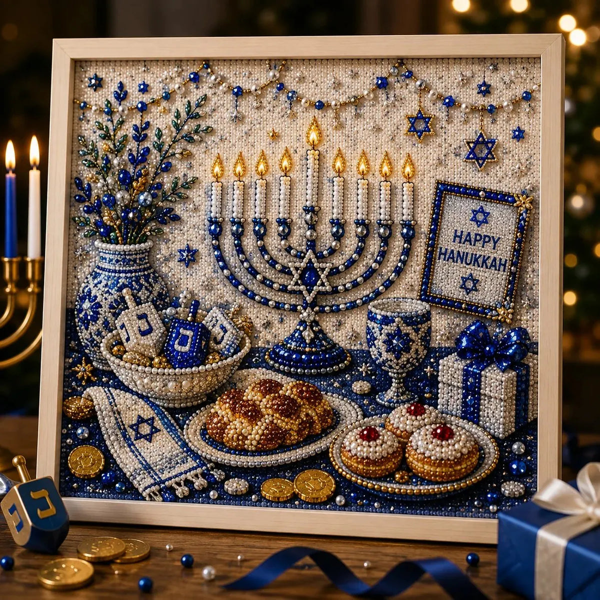 🕎 Premium 3D Pearl Hanukkah Art Kit | Luxury Flocked Canvas with Scratch-Resistant Non-Fading Acrylic Resin Pearls & Faceted Drills DIY Festival of Lights Decor 💙✨