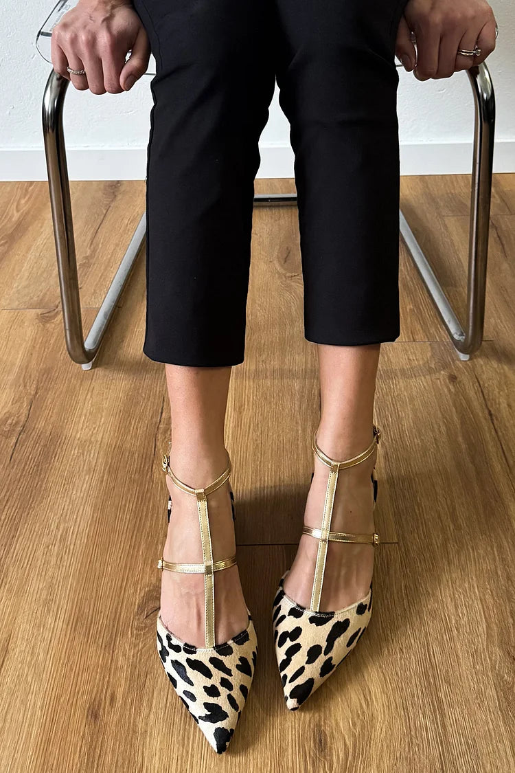 Cross Strap Buckle Cow Pattern Pointed Toe Beige Flats