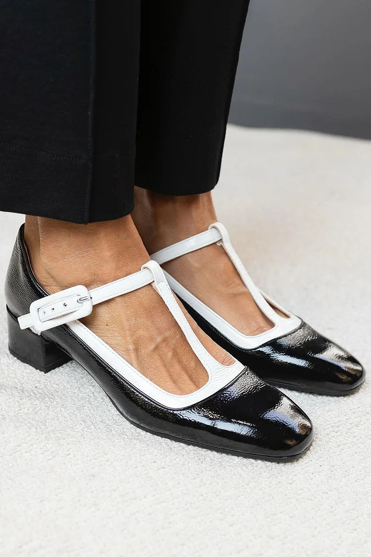 Colorblock T-Strap Buckle Square Toe Black Chunky Heels