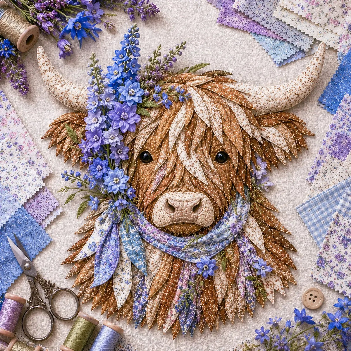 Birth Flower Highland Cow 3D Layered Fabric Art DIY Kit | Complete Kit Included ✂️ Pre-Cut Pieces • Glue or Stitch Your Way • Create a Cozy 3D Highland Cow Decor 💕