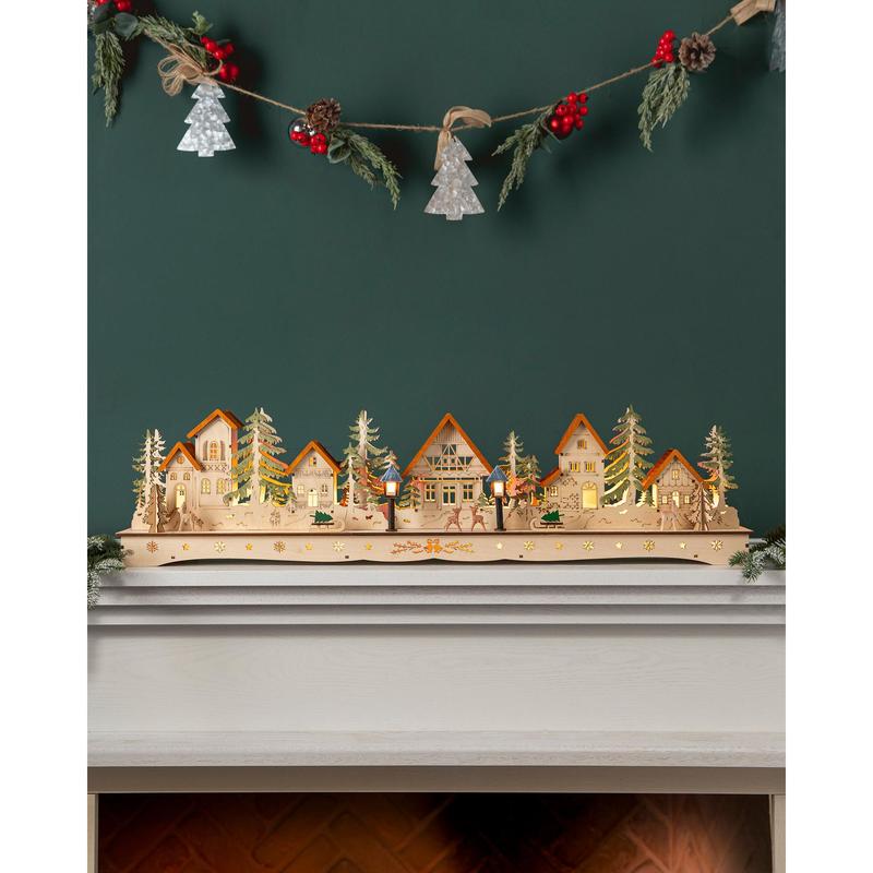 8" Natural Lit Wooden Christmas Mantel Village, Width 3.5"