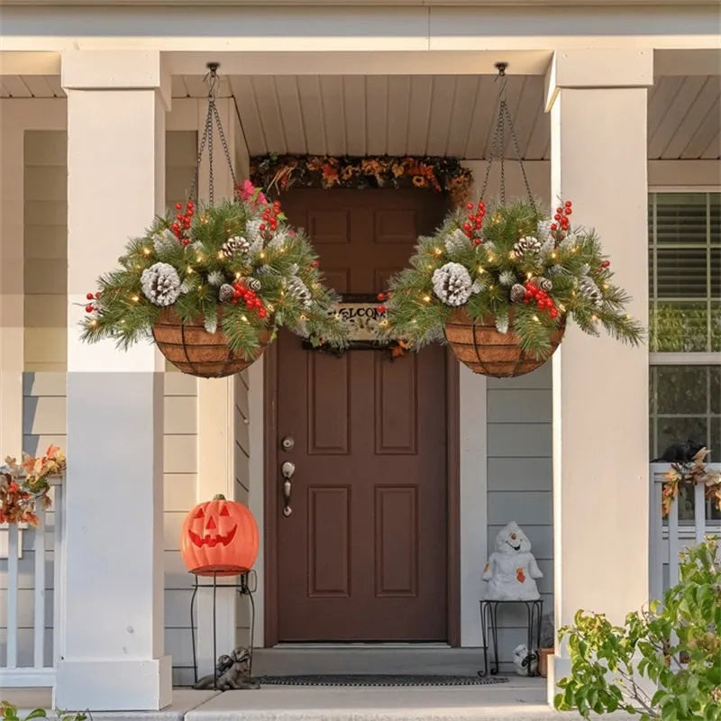 🎄 lit Artificial Christmas Hanging Basket - Flocked with Mixed Decorations and White LED Lights - Frosted Berry