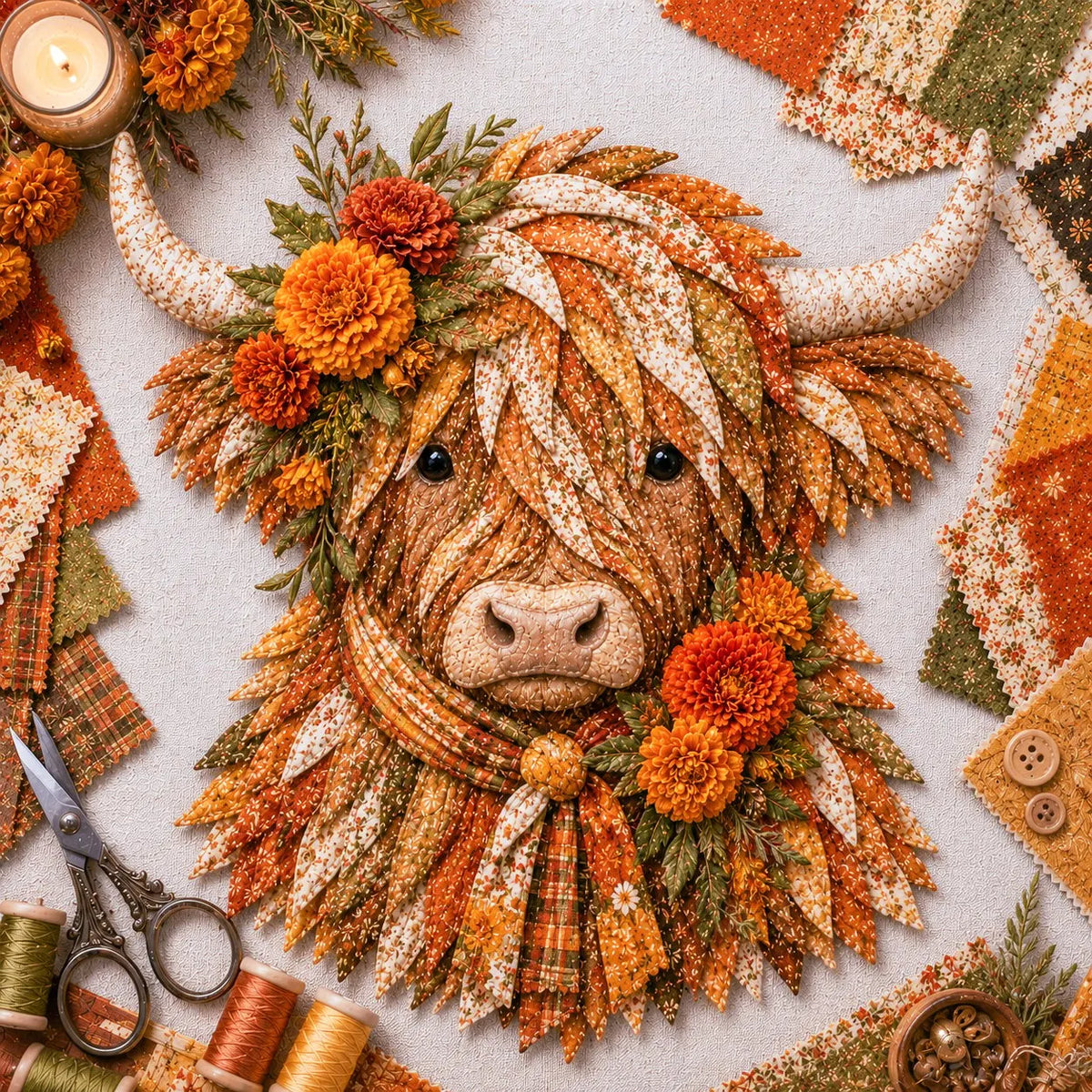Birth Flower Highland Cow 3D Layered Fabric Art DIY Kit | Complete Kit Included ✂️ Pre-Cut Pieces • Glue or Stitch Your Way • Create a Cozy 3D Highland Cow Decor 💕