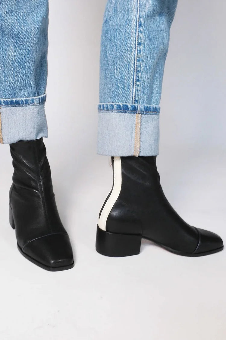 Colorblock Zipper Square Toe Low Block Heel Black Ankle Boots