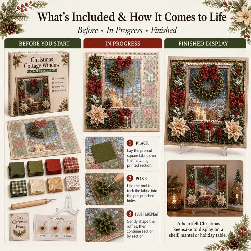 Premium 3D Christmas Fabric Poke Art Kit | No-Sew Holiday Craft with Pre-Punched Board, Fabric Squares & Display Stand