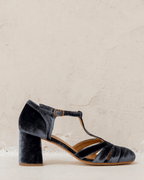 Hollow Out T-Strap Buckle Velvet Chunky Heels