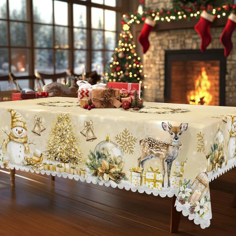 🎄 Jolly Santa & Reindeer Christmas Tablecloth🧼Festive, Family-Ready & Machine Washable! 🎁