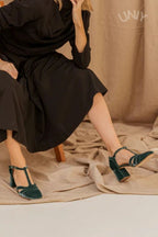 Hollow Out T-Strap Buckle Velvet Chunky Heels