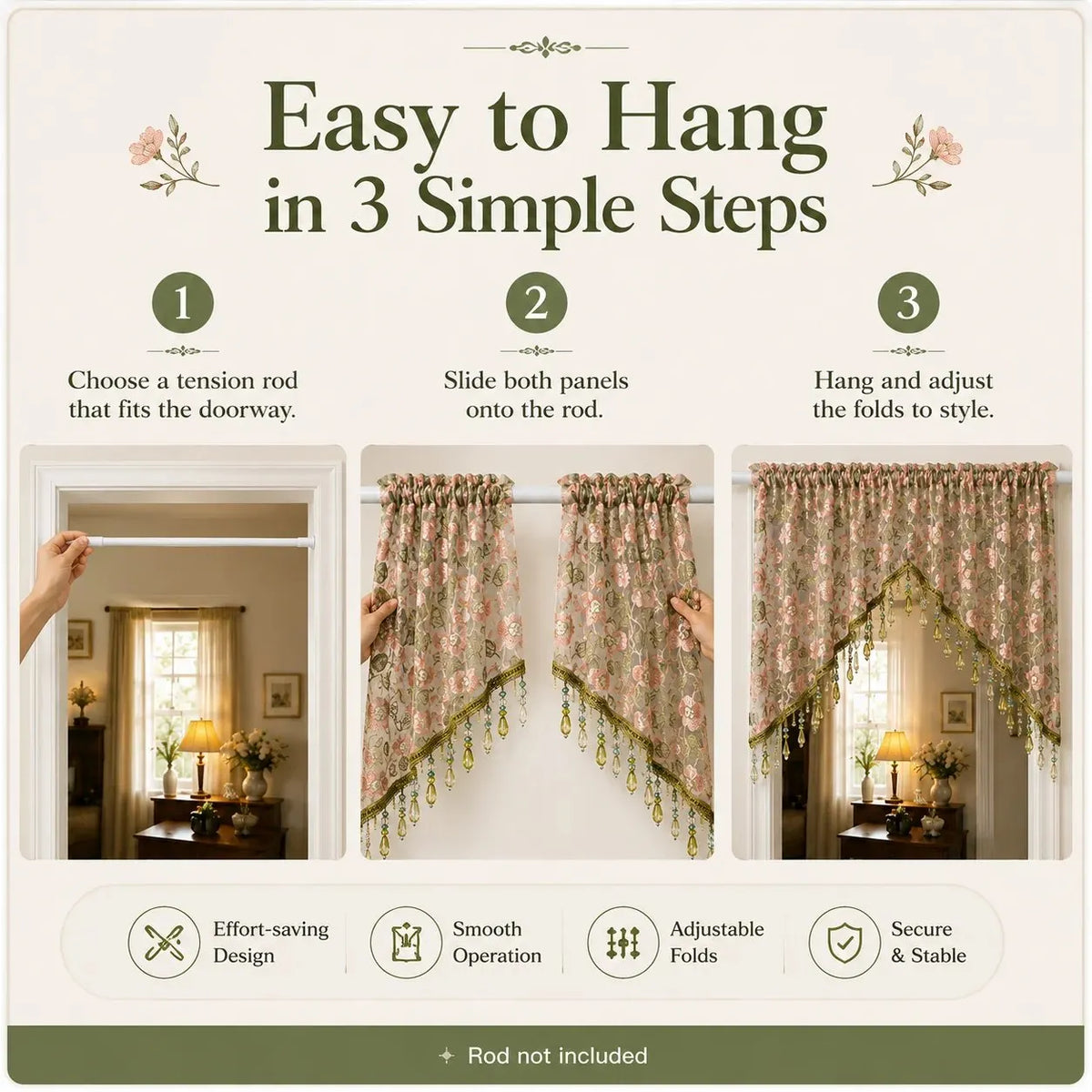 Embroidered Lace Doorway Curtain – Romantic Floral Beaded Sheer Panels
