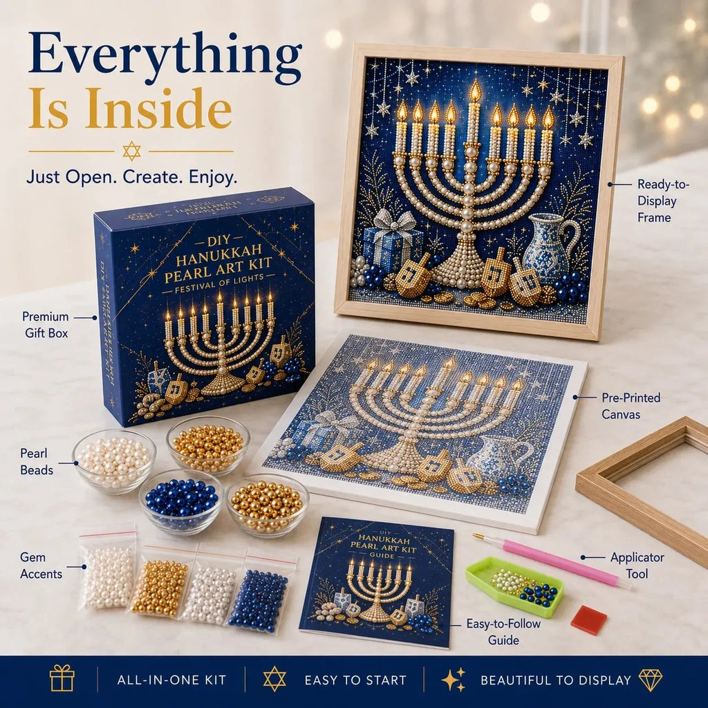 🕎 Premium 3D Pearl Hanukkah Art Kit | Luxury Flocked Canvas with Scratch-Resistant Non-Fading Acrylic Resin Pearls & Faceted Drills DIY Festival of Lights Decor 💙✨