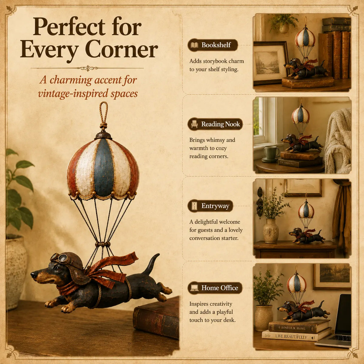 Vintage Flying Dachshund Hot Air Balloon Decor 🐶 – Handmade Retro Dog Ornament