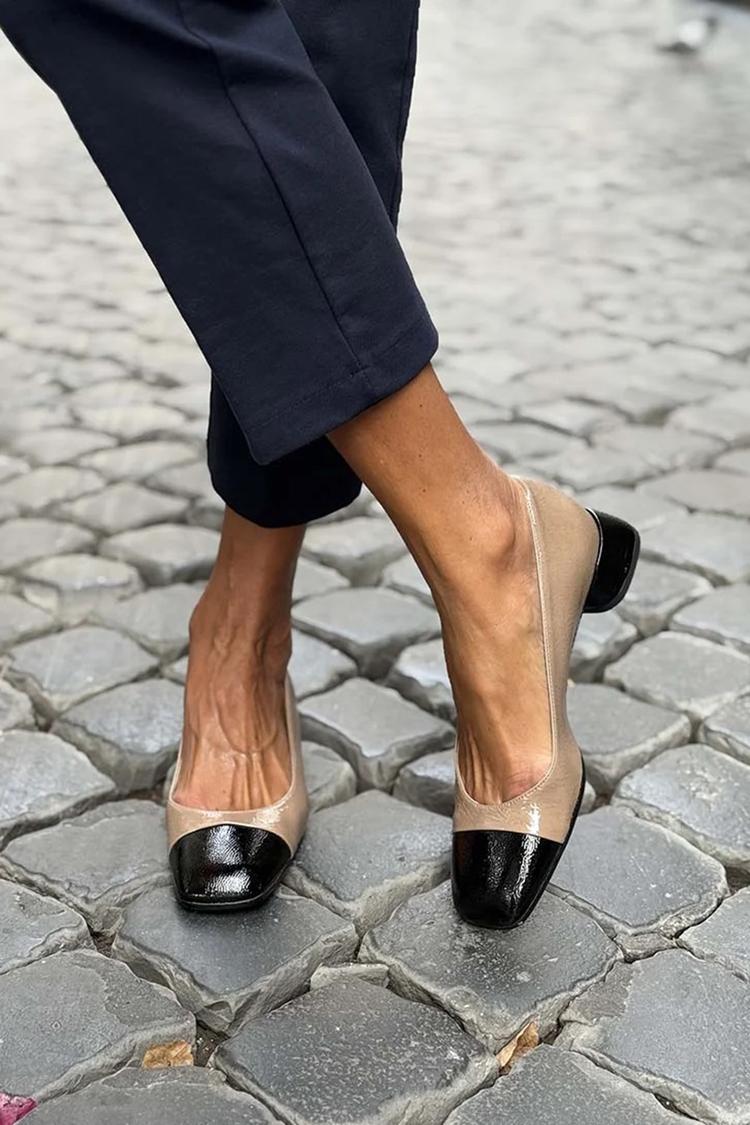 Patent Colorblock Round Toe Low Heel Pumps .