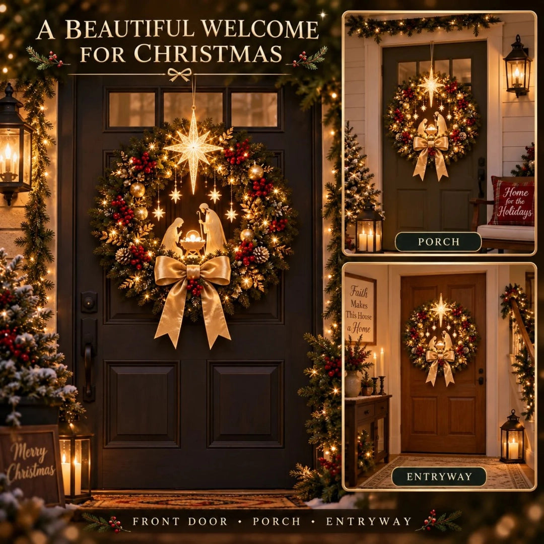🕊️ Lighted Nativity Christmas Wreath – Star of Bethlehem Front Door Decor ✨