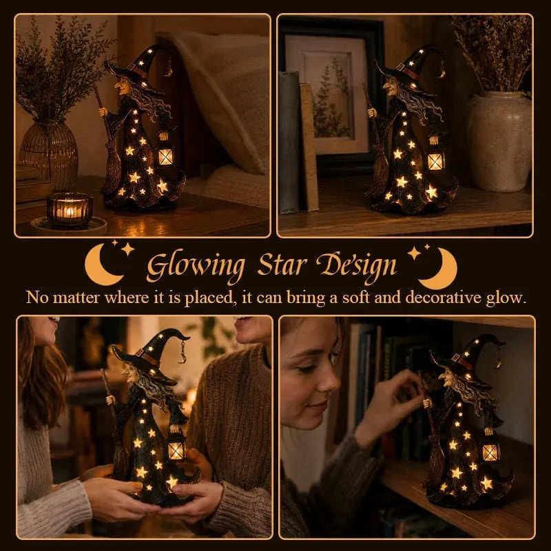 🌙 Sparkling Witch Figurine with Stars | Magical, Spooky, and Cute Night Light Decoration