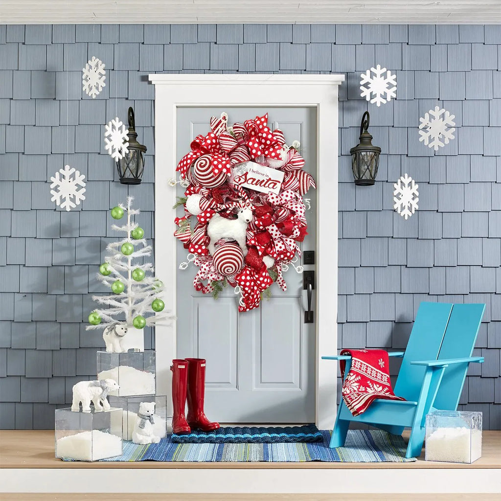 Winter wreath for front door  ,with white winter deer ornaments and sign