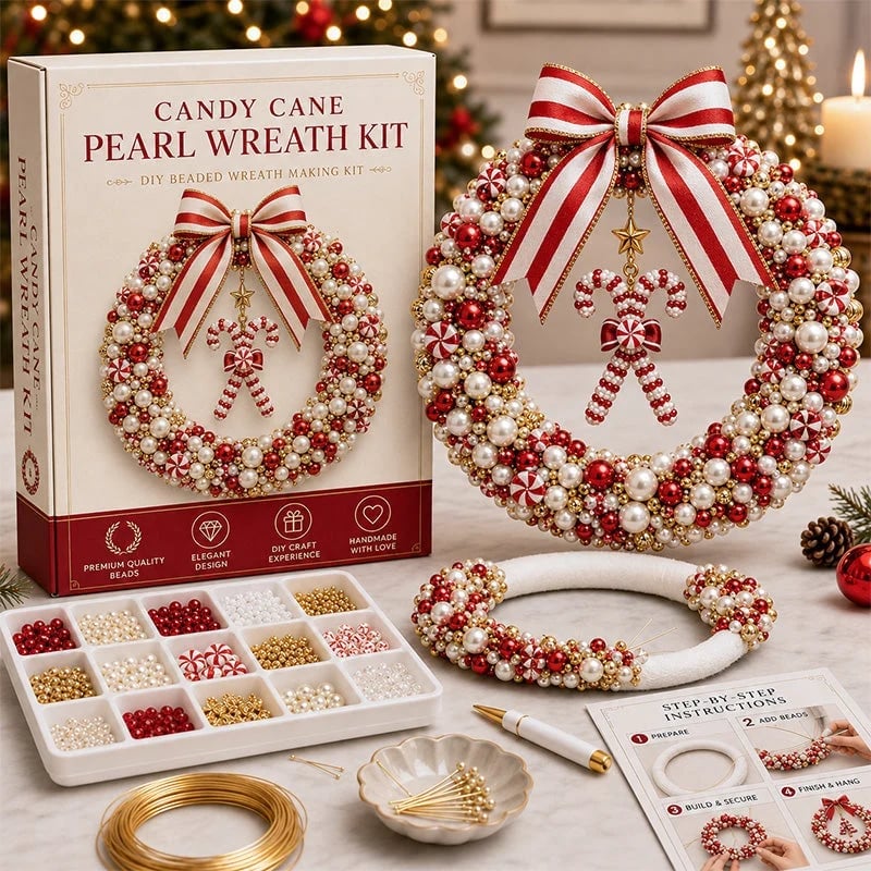 🎄 DIY Pearl Christmas Wreath Kit – Mini Handmade Bead Ornament for Tree, Bag & Decor