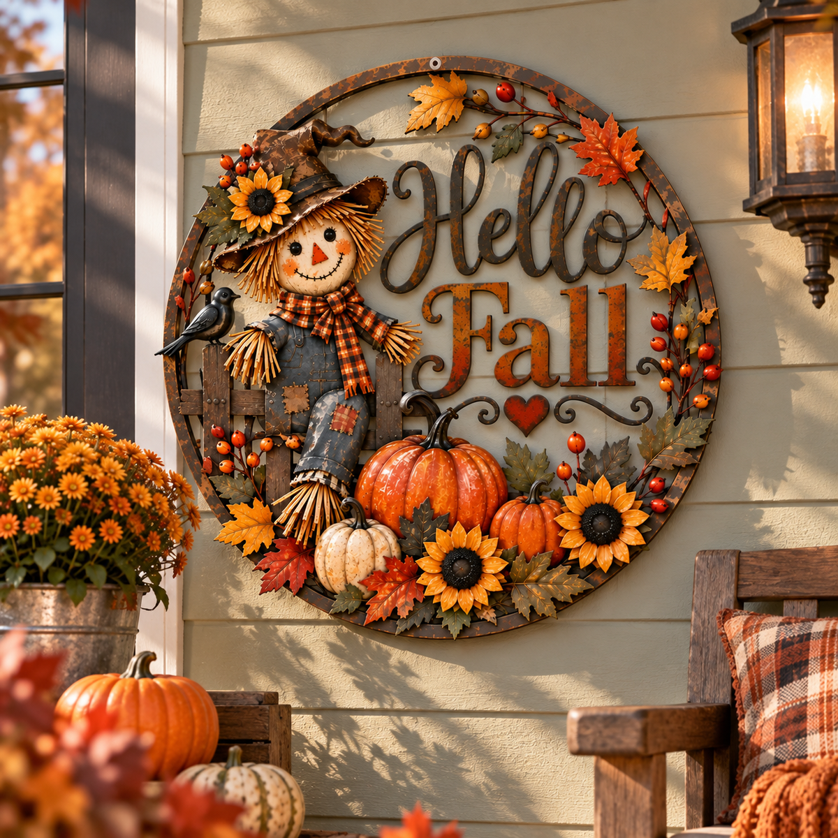 Hello Fall Scarecrow Metal Wall Decor