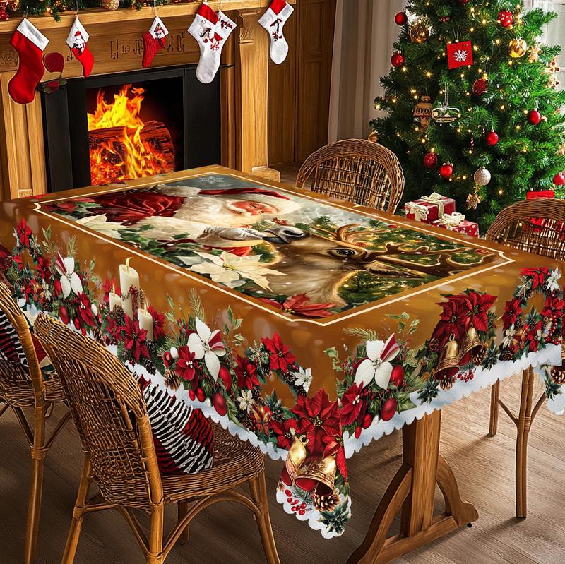🎄 Jolly Santa & Reindeer Christmas Tablecloth🧼Festive, Family-Ready & Machine Washable! 🎁