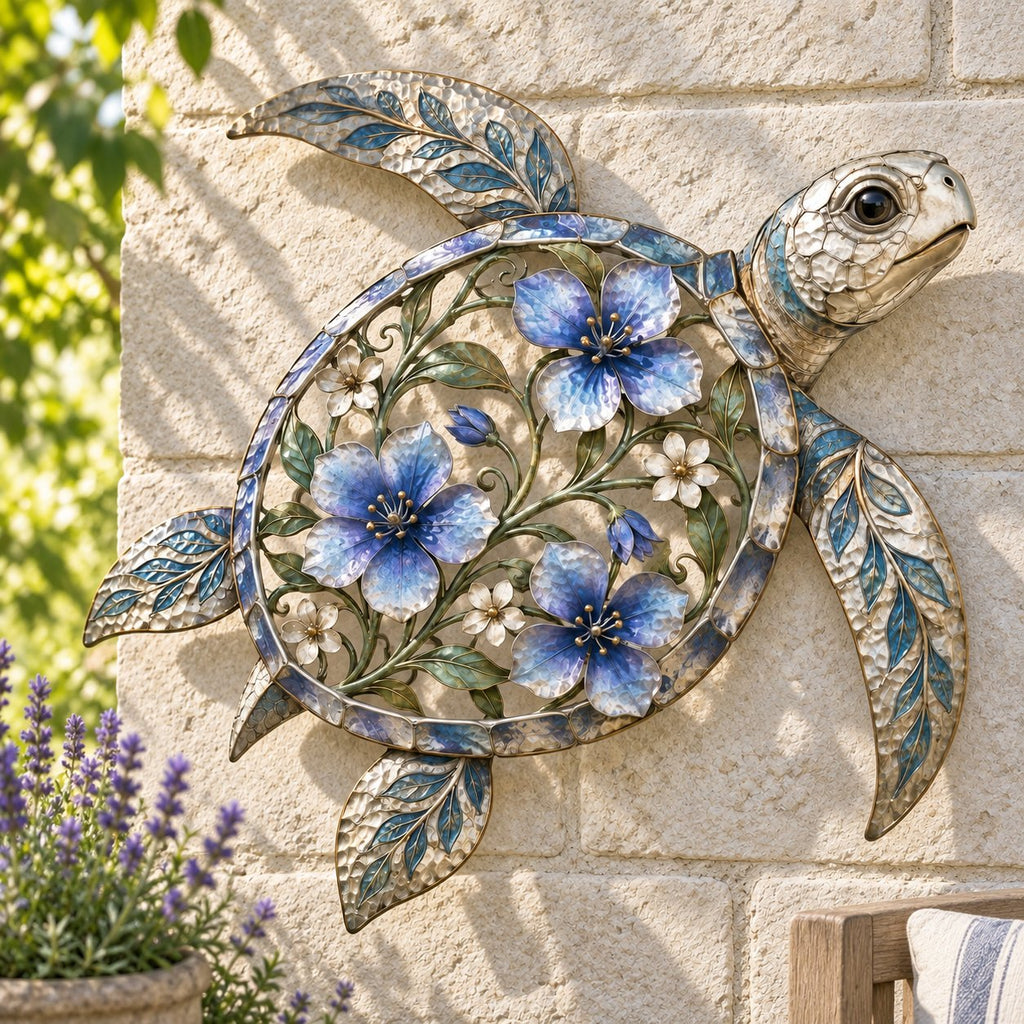 🐢 Sea Turtle Wall Sculpture — Enameled Floral Coastal Art with Textured Metal Scales