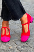 Patchwork T-Strap Buckle Round Toe Red Chunky Heels