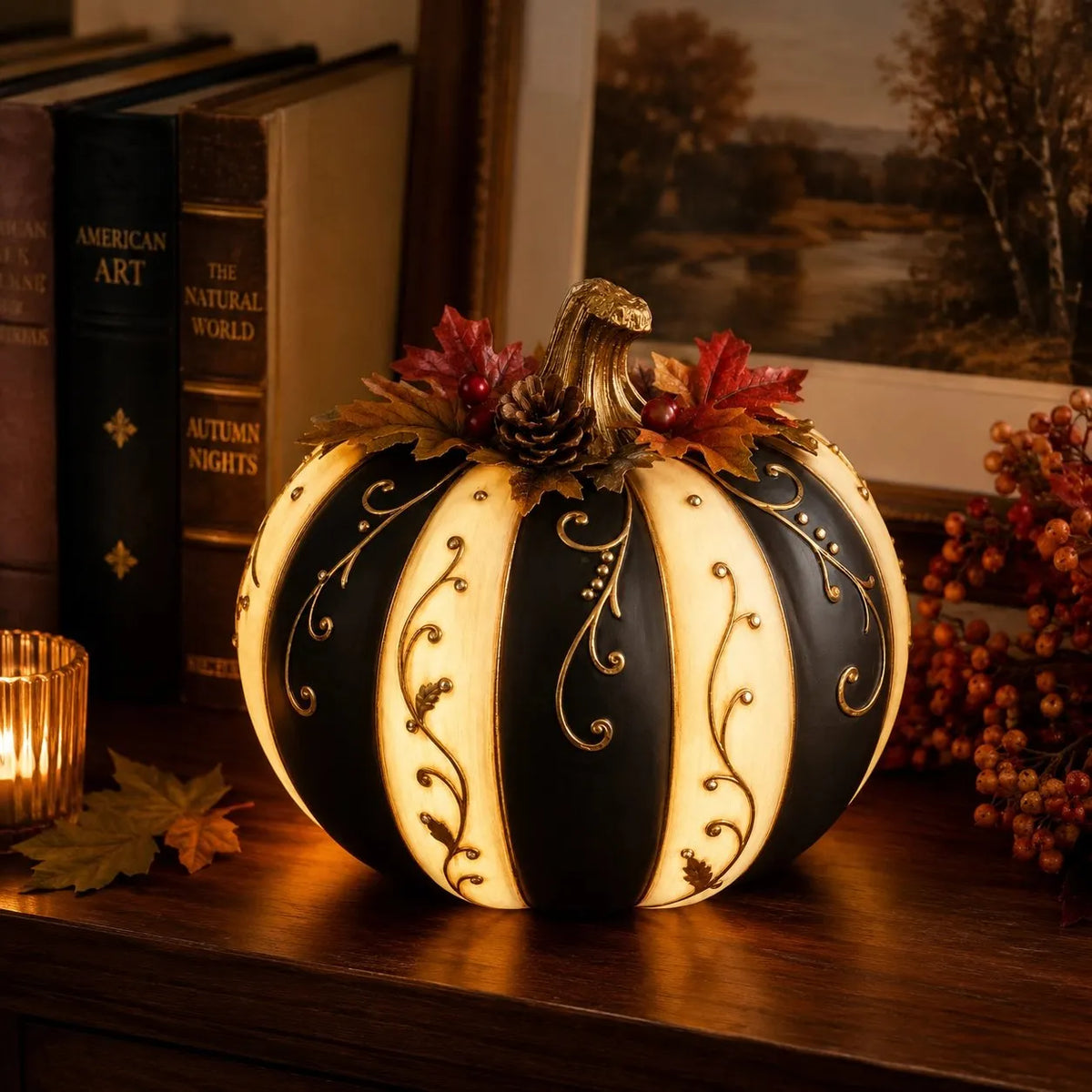 Lighted Black & Ivory Pumpkin Decor with Remote