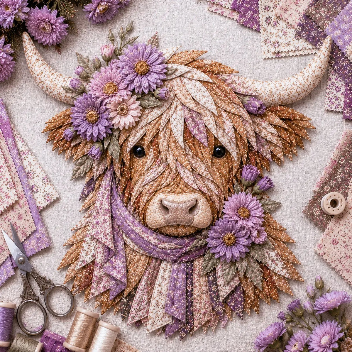 Birth Flower Highland Cow 3D Layered Fabric Art DIY Kit | Complete Kit Included ✂️ Pre-Cut Pieces • Glue or Stitch Your Way • Create a Cozy 3D Highland Cow Decor 💕