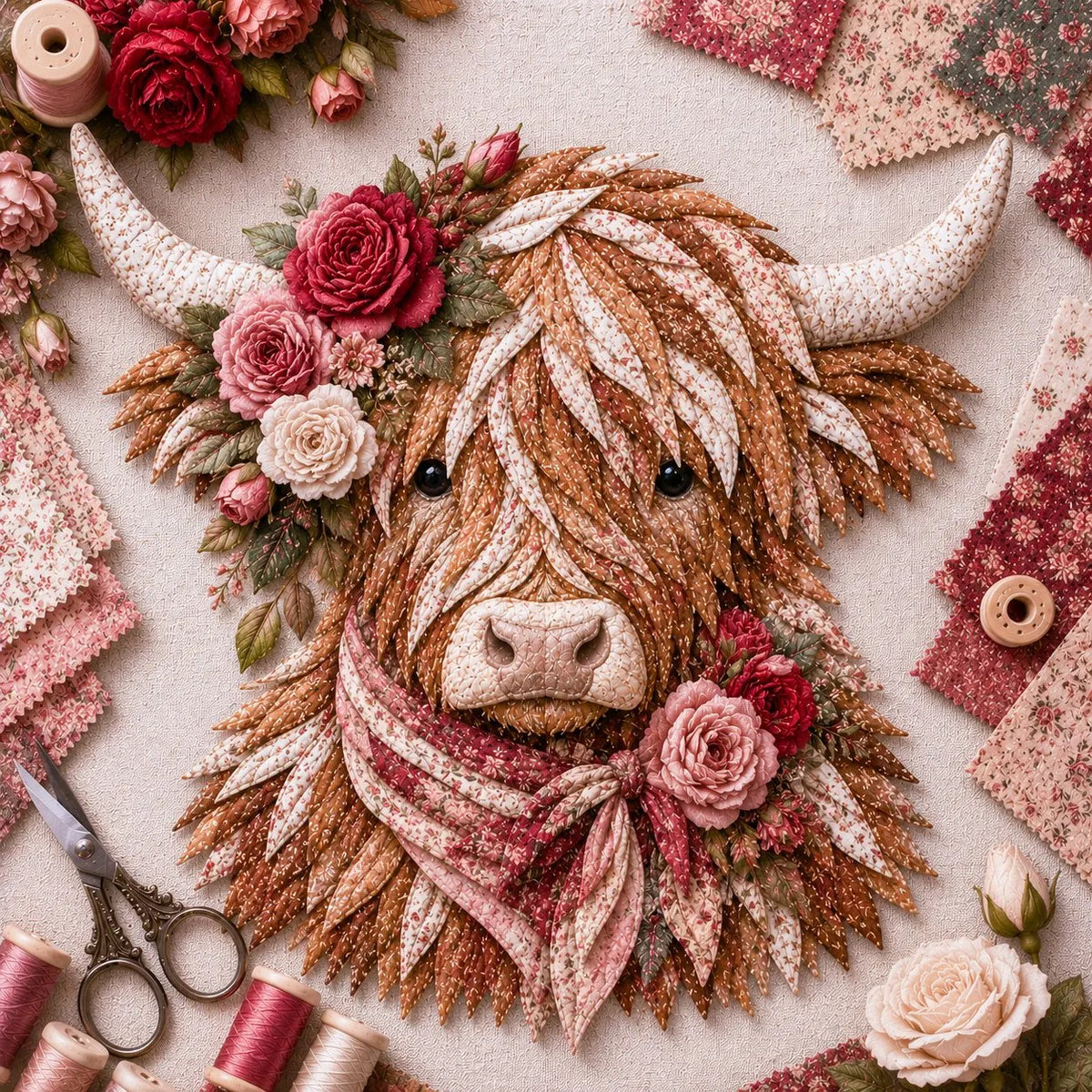Birth Flower Highland Cow 3D Layered Fabric Art DIY Kit | Complete Kit Included ✂️ Pre-Cut Pieces • Glue or Stitch Your Way • Create a Cozy 3D Highland Cow Decor 💕