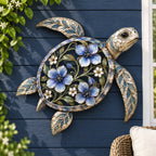 🐢 Sea Turtle Wall Sculpture — Enameled Floral Coastal Art with Textured Metal Scales