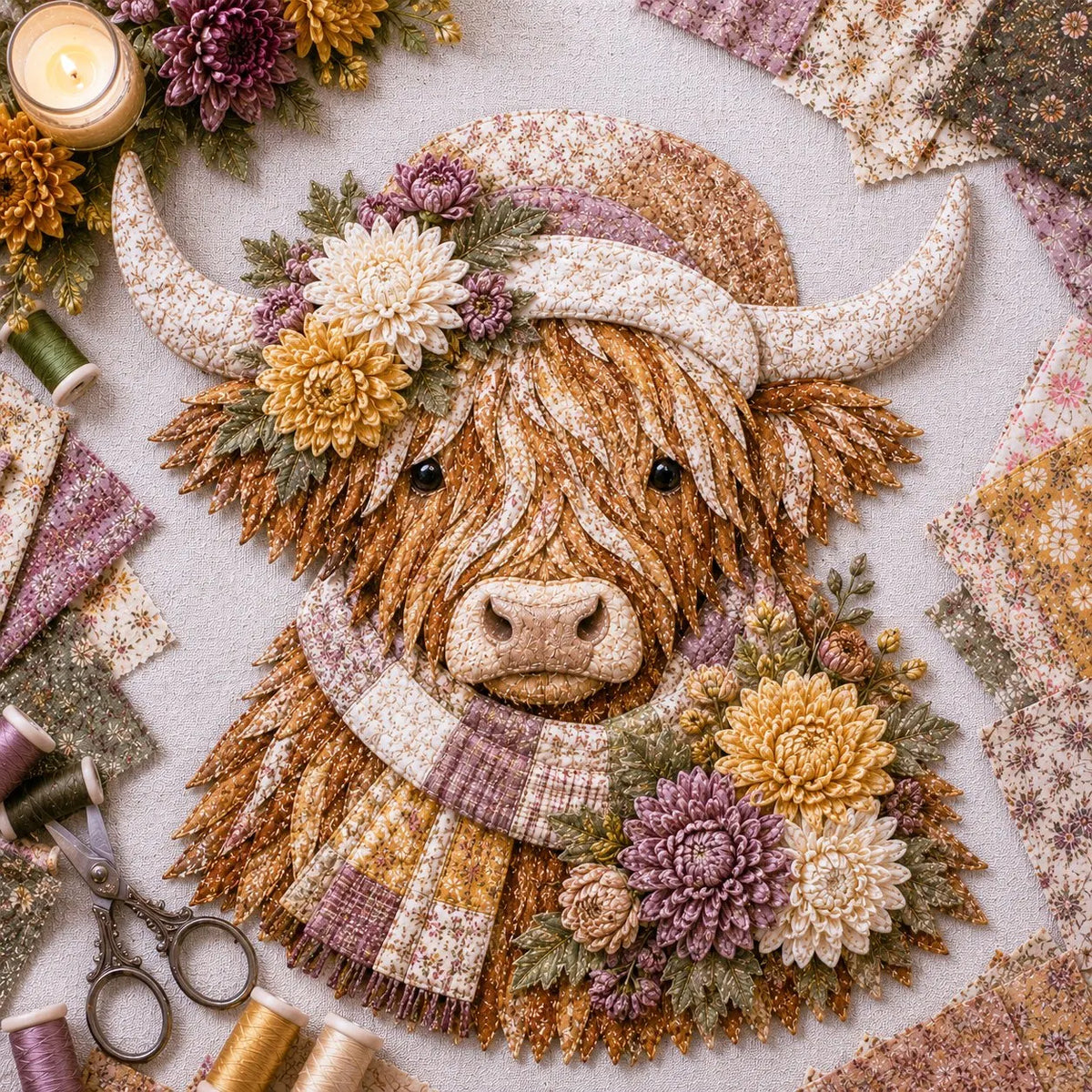 Birth Flower Highland Cow 3D Layered Fabric Art DIY Kit | Complete Kit Included ✂️ Pre-Cut Pieces • Glue or Stitch Your Way • Create a Cozy 3D Highland Cow Decor 💕