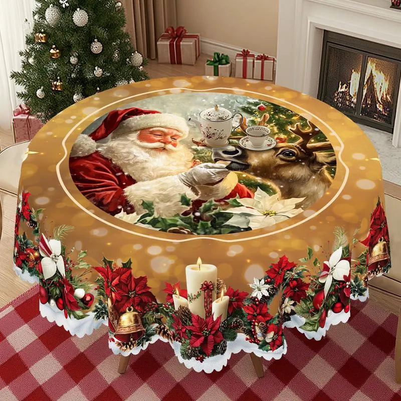 🎄 Jolly Santa & Reindeer Christmas Tablecloth🧼Festive, Family-Ready & Machine Washable! 🎁