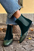 Velvet Patchwork Round Toe Green Ankle Boots