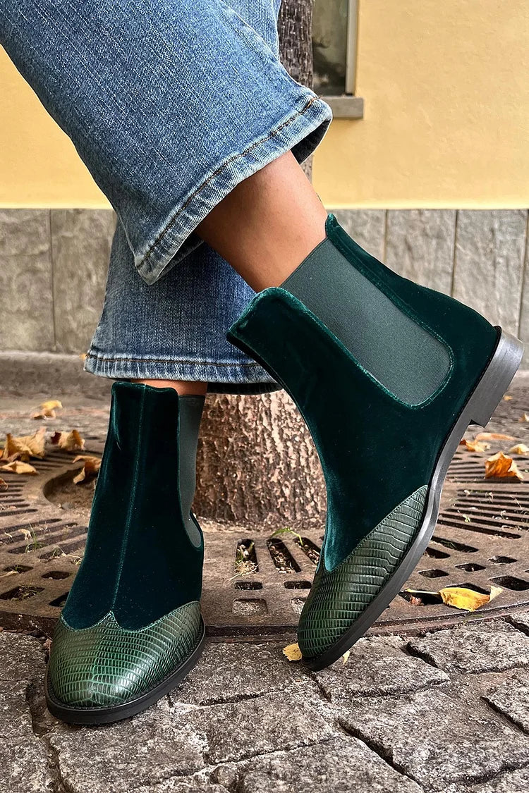 Velvet Patchwork Round Toe Green Ankle Boots