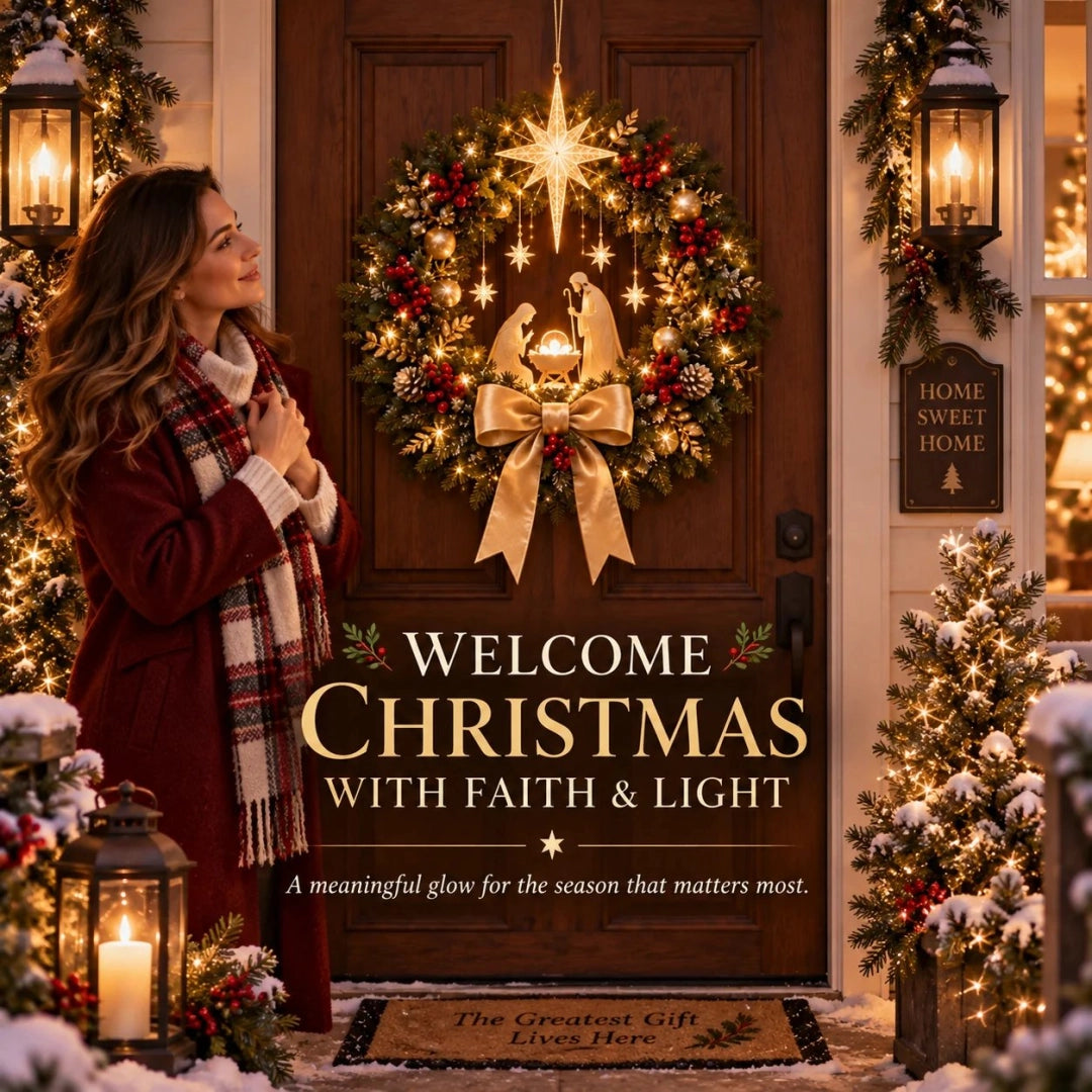 🕊️ Lighted Nativity Christmas Wreath – Star of Bethlehem Front Door Decor ✨