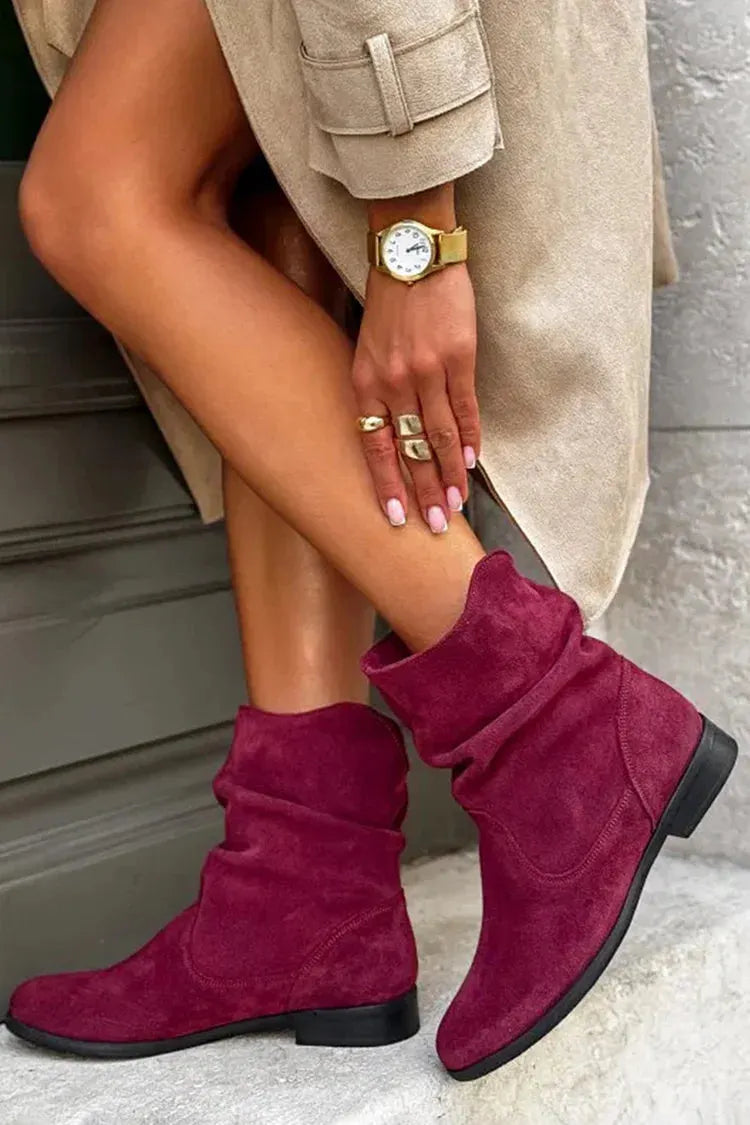 Solid Color Patchwork Round Toe V Cut Slouch Ankle Boots